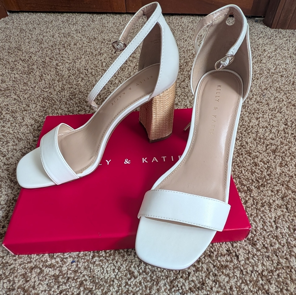 Kelly & Katie White Ankle-Strap Block Heels with Woven Gold-Tone Heel
